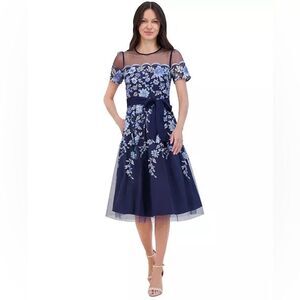NWT Eliza J | Navy Blue Floral Illusion Neck Embroidered Cocktail Dress 4P